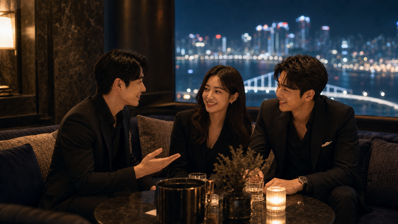 일행을 배려하며 라운지 자리의 분위기를 편하게 만드는 손님